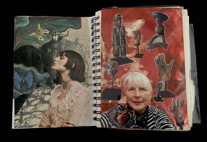 A mixed-media collage featuring a vintage photograph of a woman and a modern portrait of an older woman, accompanied by various symbolic and abstract elements.