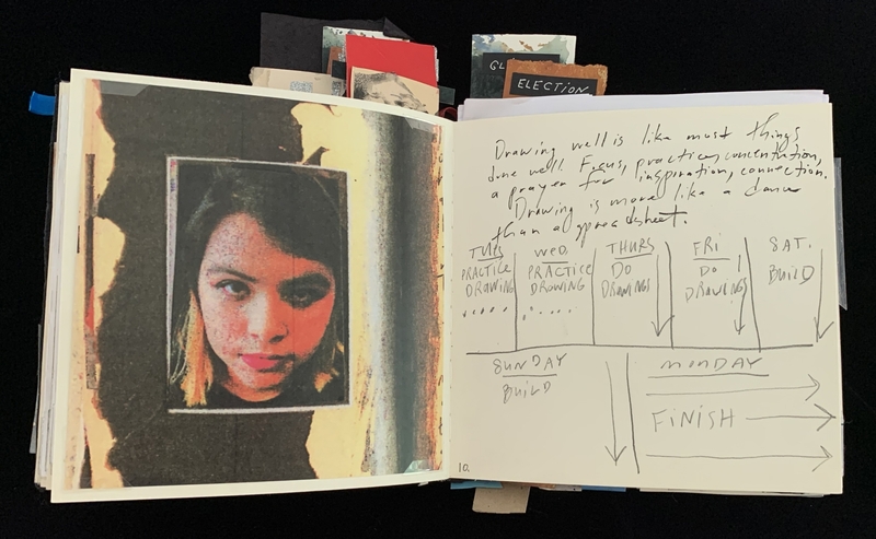 Open book showing a portrait and handwritten text with a sketch of a weekly schedule.