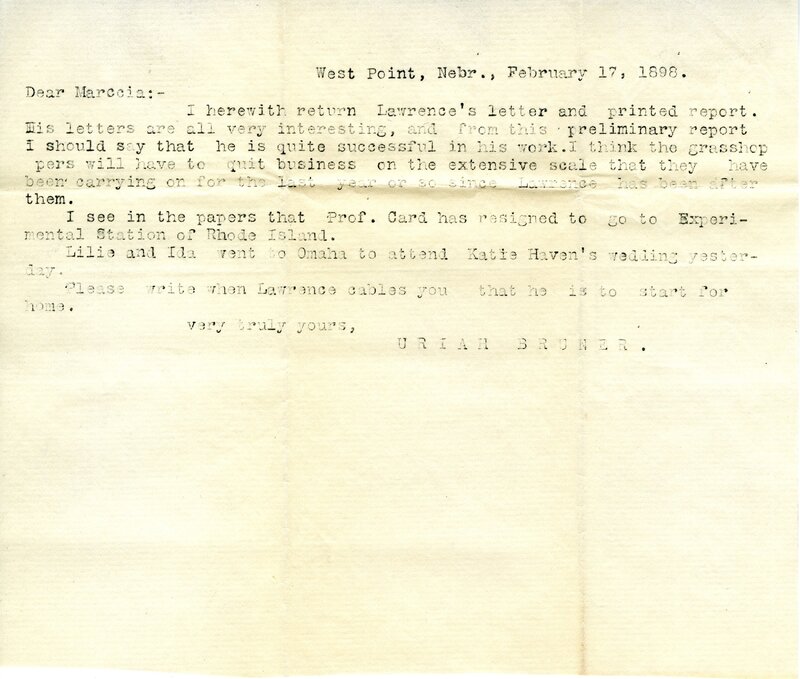 Typewritten 1 page letter from Uriah Bruner to Marcia Bruner, "I herewith return Lawrence's letter and printed…"