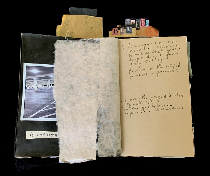 A mixed-media page featuring a photograph, handwritten text, and cut-out letters spelling "BLM."