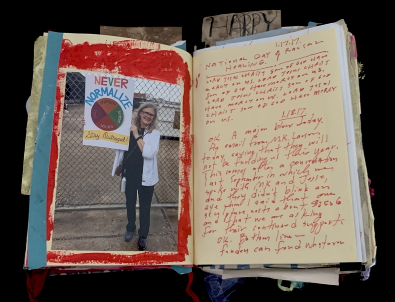 A scrapbook page featuring a photograph and handwritten notes, with a focus on activism and personal reflections.
