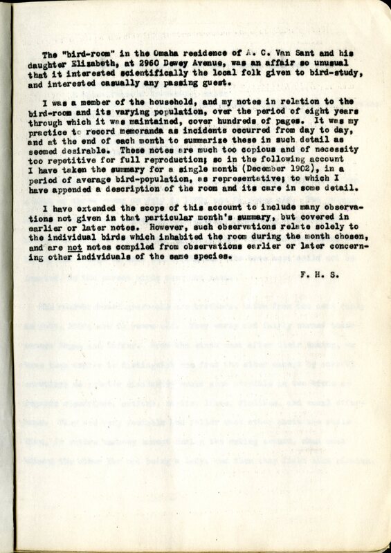 Frank H. Shoemaker typescript, 23 pages, on the bird-room in Omaha home