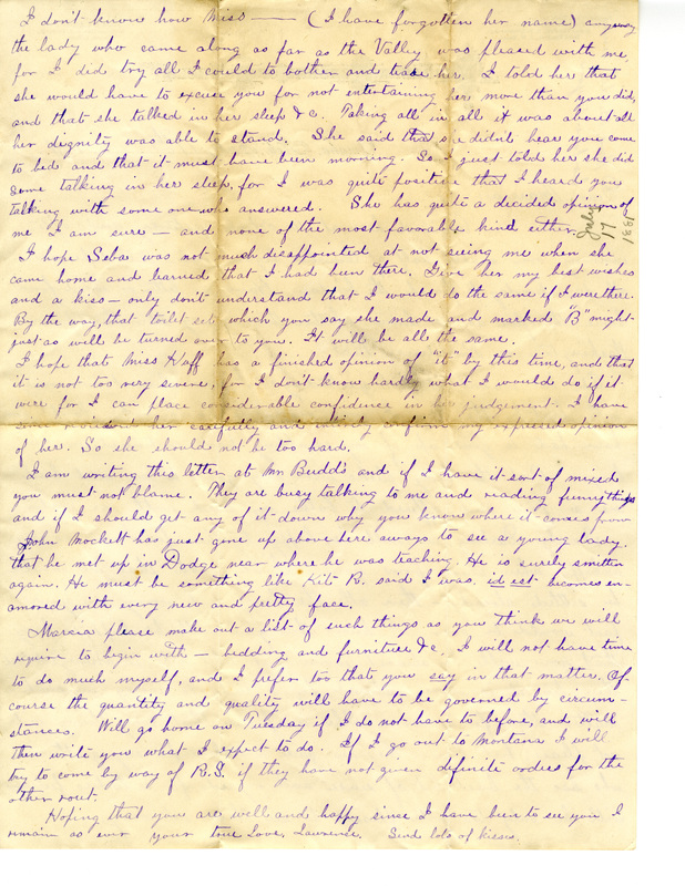 Handwritten 1 page letter from Lawrence Bruner to Marcia Bruner, "I don't know how Miss-- (I have forgotten her name)..."