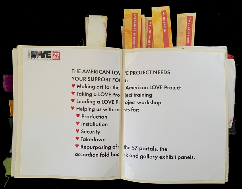 Open journal with text detailing support needs for the American LOVE Project and bookmarks protruding from the top.