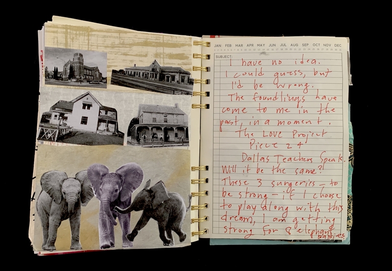 A journal page featuring a collage of historical photographs and a handwritten note discussing a dream and elephant babies.