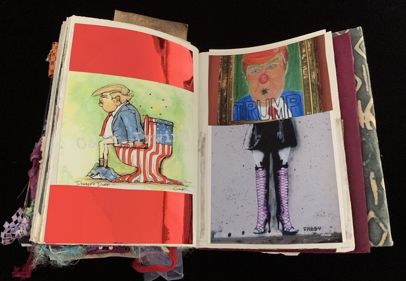A mixed-media art page featuring a cartoon depiction of Donald Trump sitting on a toilet with an American flag design, alongside a photograph of a person in a Trump-themed outfit.