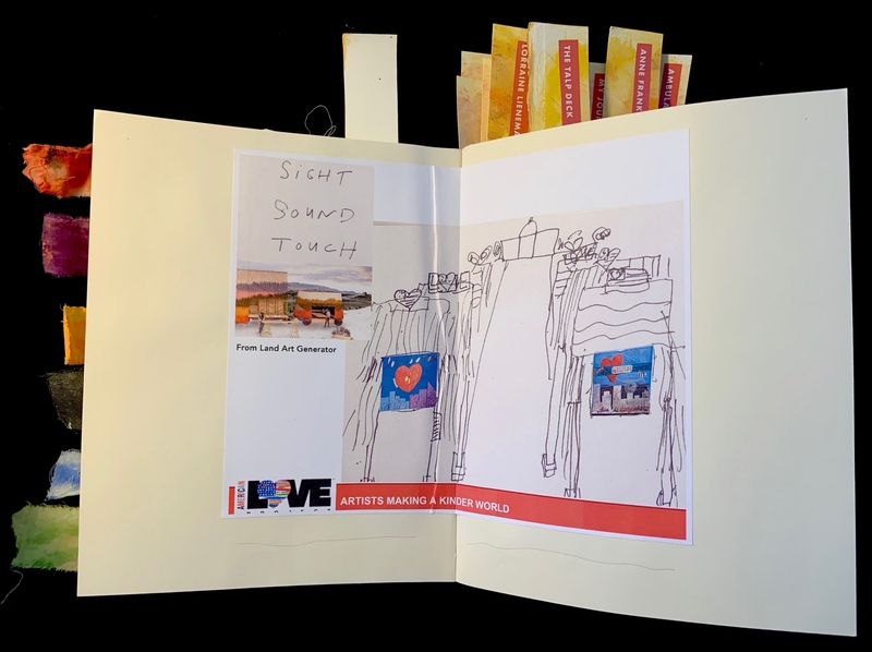 Open journal with a collage labeled “SIGHT SOUND TOUCH” and a drawing of structures with heart artwork. Tabs extend from the top.
