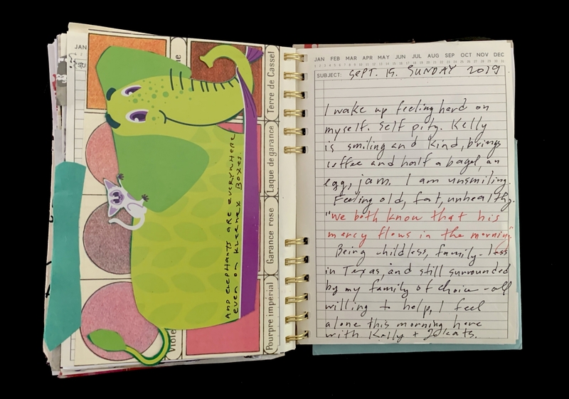A journal entry dated September 15, 2019, featuring a whimsical illustration of a green elephant and a small white cat.