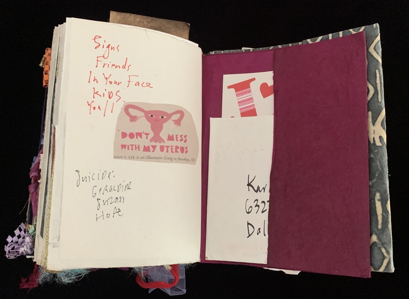 A handmade journal page featuring a hand-drawn uterus illustration and various handwritten notes.