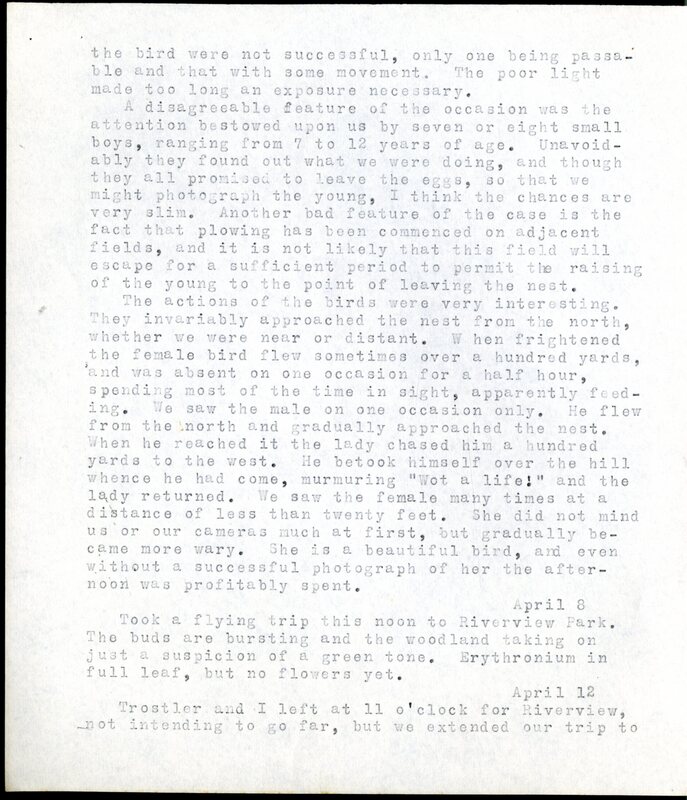 Frank H. Shoemaker typescript, 20 pages, detailing bird sightings, field trips, photography, and associated activities in Omaha, Nebraska.