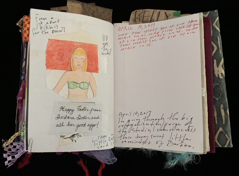 A scrapbook page featuring a drawing of a woman in a bikini, a handwritten note, and a date entry.
