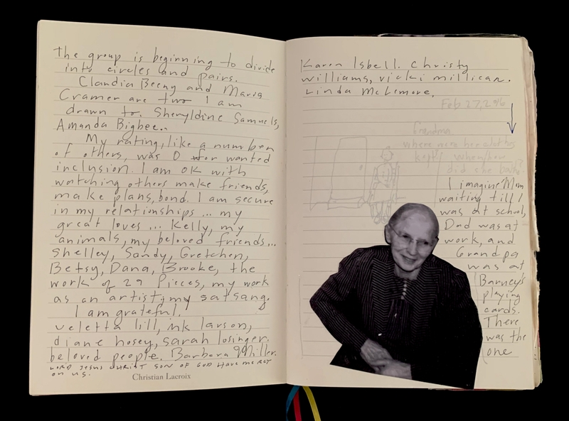 Open journal with handwritten reflections and a photo of an older woman.