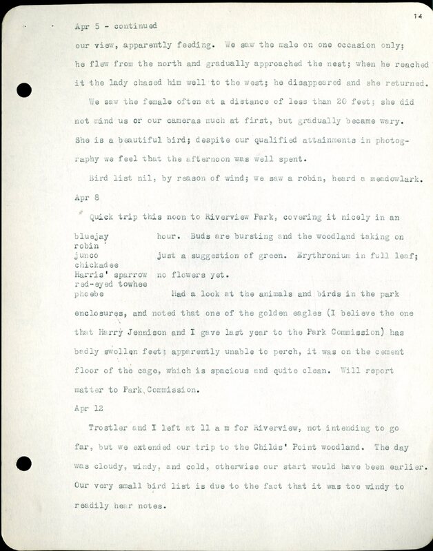 Frank H. Shoemaker typescript, 32 pages, detailing bird sightings, field trips, photography, and associated activities in Omaha, Nebraska.