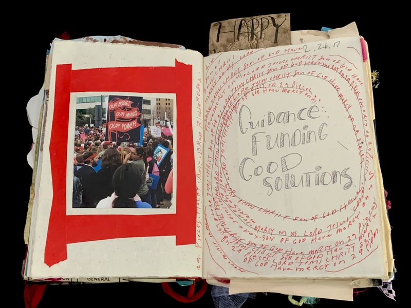 A scrapbook page featuring a photograph of a protest and handwritten notes emphasizing funding for good solutions.