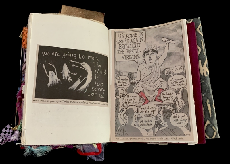 A mixed-media art piece featuring a black-and-white illustration and text discussing societal and political themes.