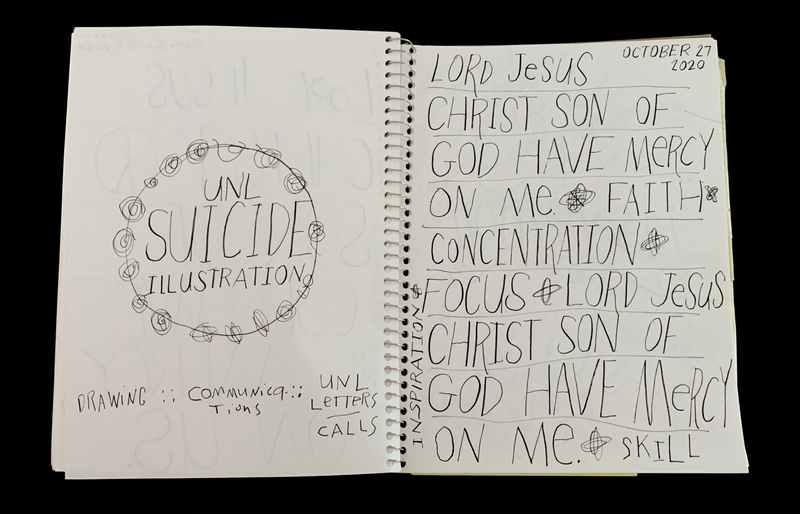 A sketchbook page featuring a circular illustration and handwritten notes related to faith and concentration.