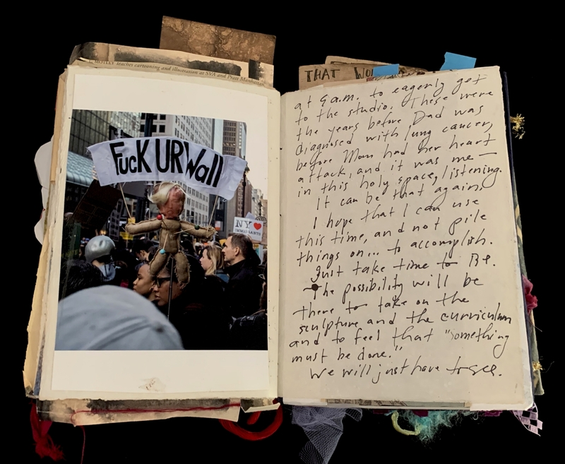 A collage of a protest photograph and handwritten notes.