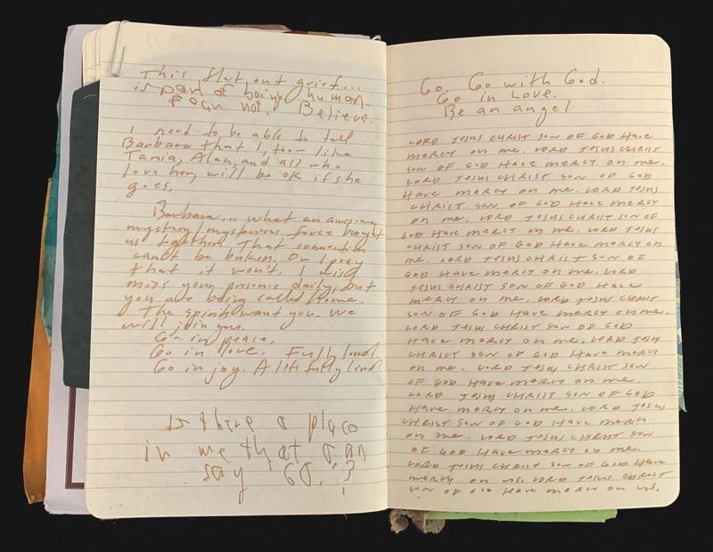 An open notebook with handwritten text in brown and orange ink on two pages.