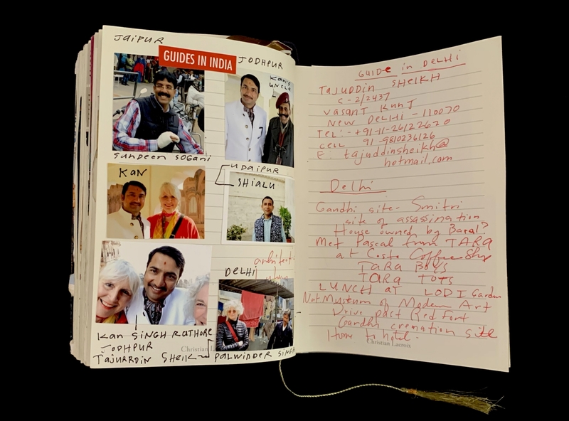 A travel journal page featuring photographs of guides in India and handwritten notes about a guide in Delhi.