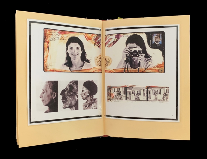 A double-page spread featuring a collage of photographs and illustrations, including a person holding a camera and various portraits.