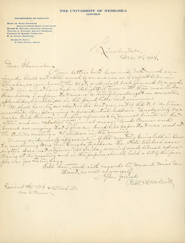 Handwritten letter, 1 page, from Robert H. Wolcott to Frank H. Shoemaker, "Your letter from both here and both much enjoyed. Shall not write much of an answer as I expect to be in Omaha, as you know..."