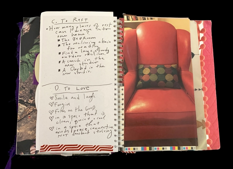 A journal page featuring handwritten notes and a photograph of a red recliner chair.