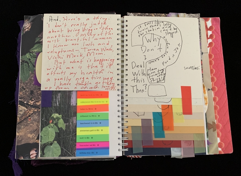 A collage-style journal page featuring handwritten notes, color swatches, and doodles.