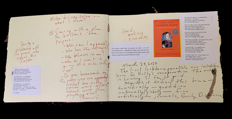 A handwritten journal page with various notes, a poem, and a book cover.