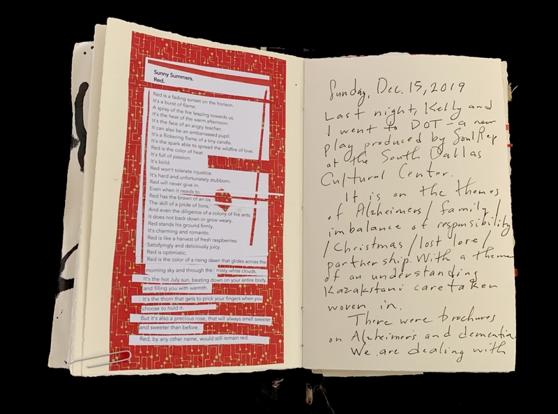 Open book with a printed poem on the left and handwritten text on the right.