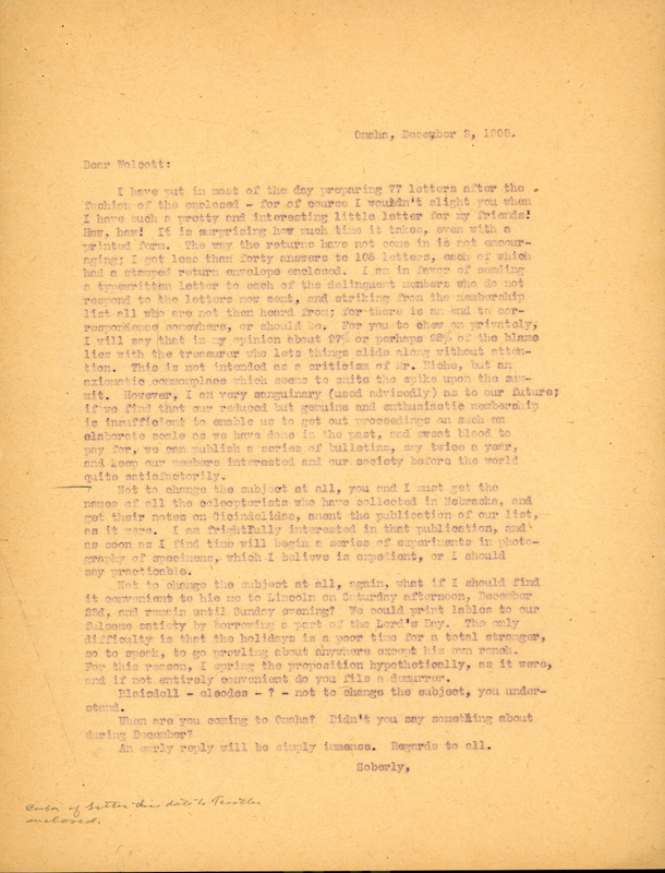 Typewritten letter, 2 pages, from Frank H. Shoemaker to Robert H. Wolcott, "I have put in most of the day preparing 77 letters after the fashion of the enclosed- for of course I wouldn't slight you when I have such a pretty interesting little letter for my friends!"