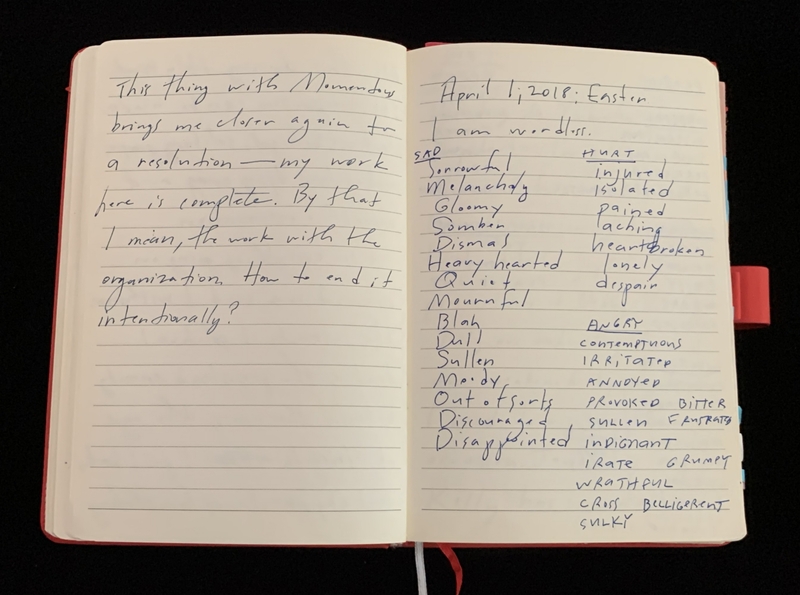 An open notebook with handwritten notes and lists of emotions.