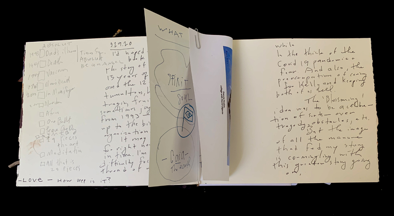 : A handwritten journal page with various notes, sketches, and reflections on personal and historical events.