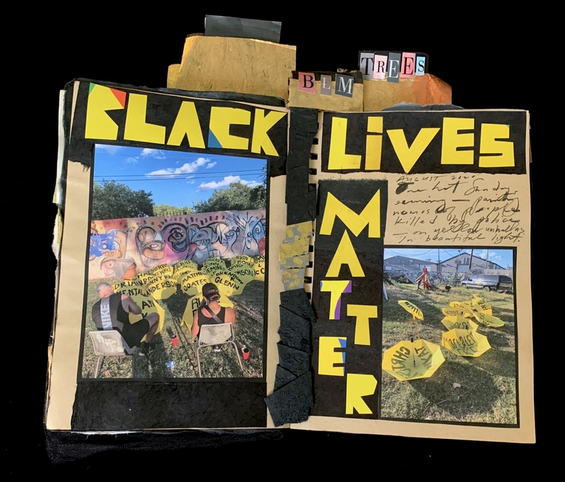 A collage-style artwork featuring the phrase "Black Lives Matter" prominently displayed, accompanied by images of a mural and a protest scene.