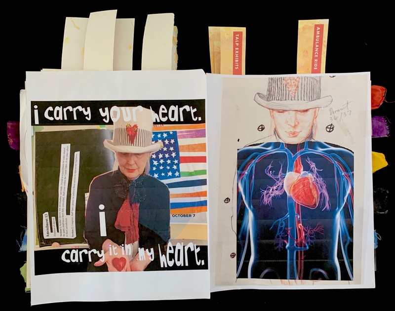 Two journal pages with a collage, illustration, and handwritten text.