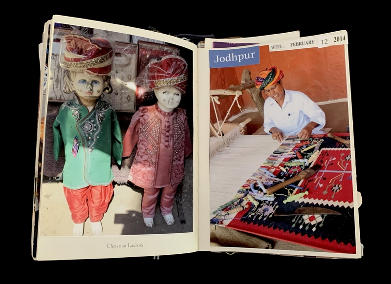 Two mannequins in traditional Indian clothing; a man weaving a colorful textile at a loom.