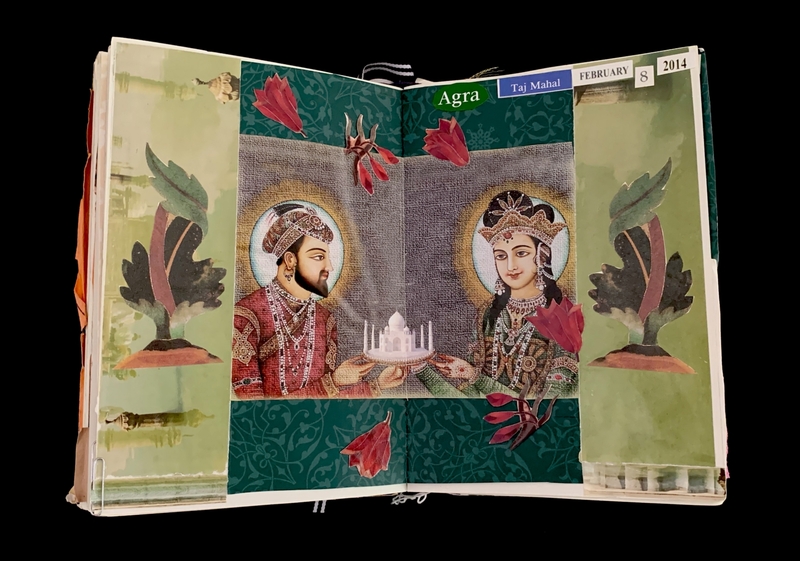 Open journal with a collage of a man and woman in traditional attire, holding a Taj Mahal model.