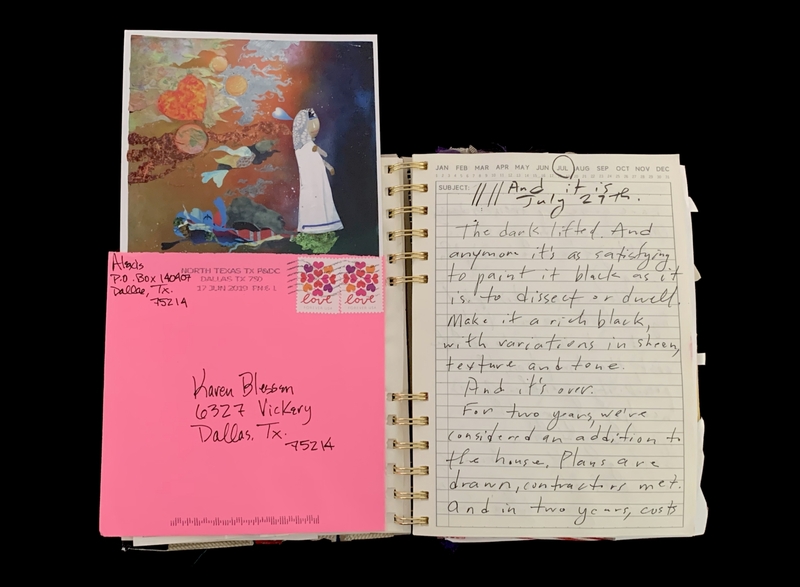 A handwritten letter with a colorful painting and postage stamp attached.
