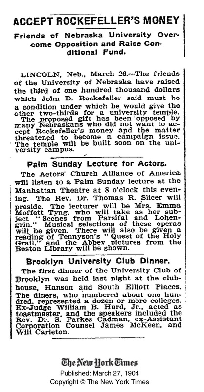A newspaper article in the New York Times detailing how the University raised the money that Rockefeller noted as a condition for his contribution.