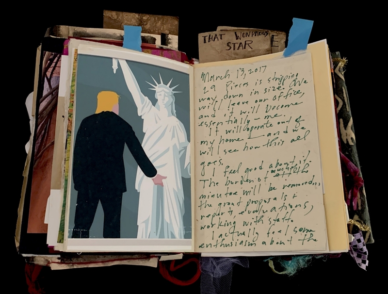 A mixed-media collage featuring a drawing of a person standing in front of the Statue of Liberty, accompanied by handwritten notes.