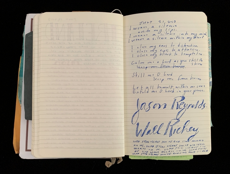 Open notebook showing handwritten text and signatures on the right page dated July 21, 2013.