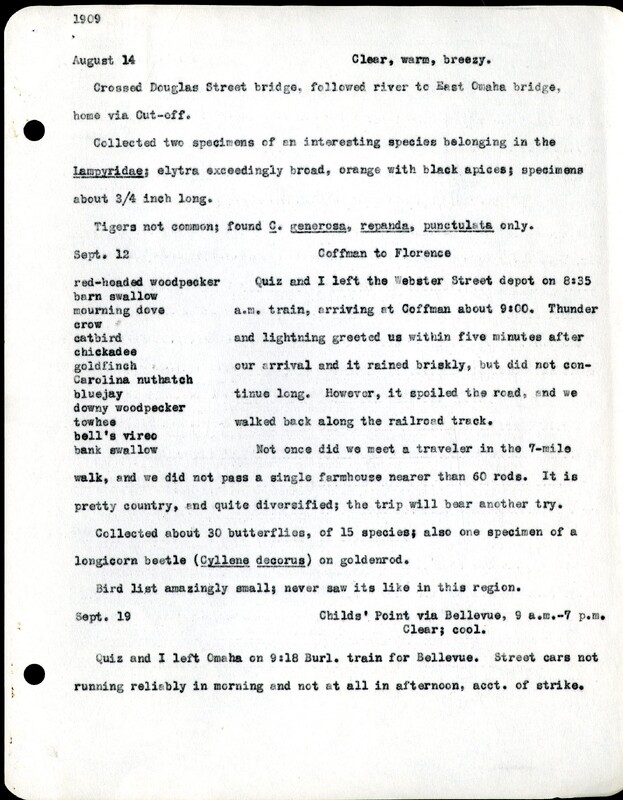 Frank H. Shoemaker typescript, 11 pages, notes and bird lists from field trip at Havelock, Nebraska, and areas surrounding Lincoln, Nebraska