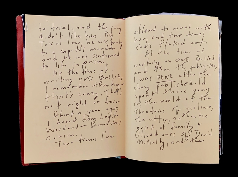 A handwritten page from a notebook, discussing personal reflections and experiences related to a legal case and family grief.