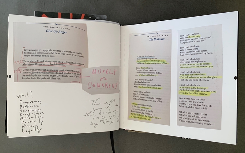 A journal page featuring handwritten notes and excerpts from "The Dhammapada" discussing anger and brahmin qualities.