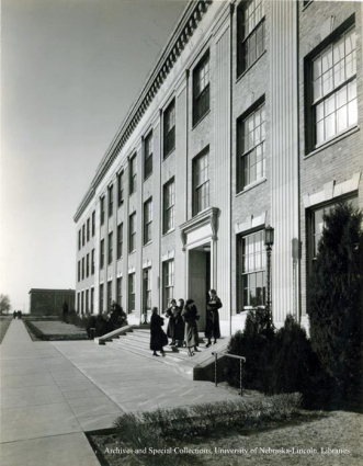 Coeds on the south steps of Andrews Hall, 1930s.