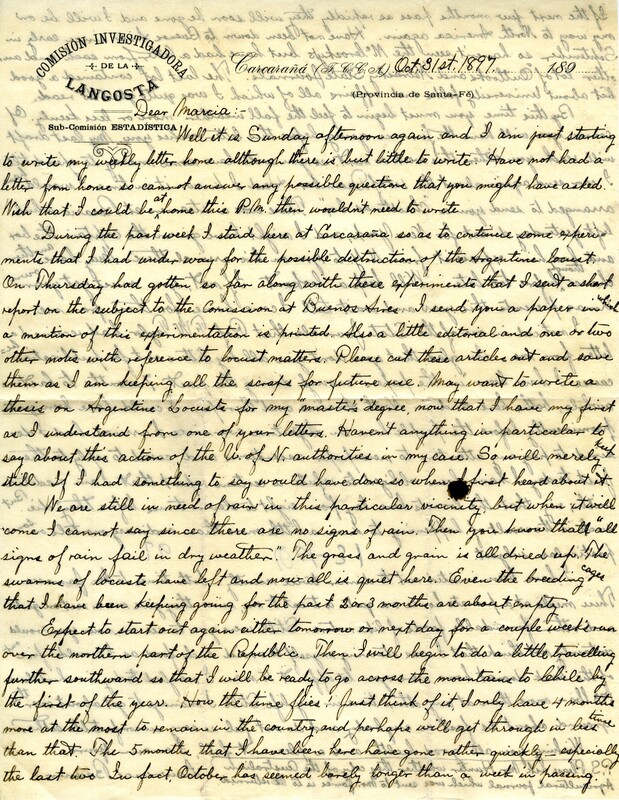 Handwritten 2 page letter from Lawrence Bruner to Marcia Bruner, "Well it is Sunday afternoon again and I am just starting to write my weekly letter home..."