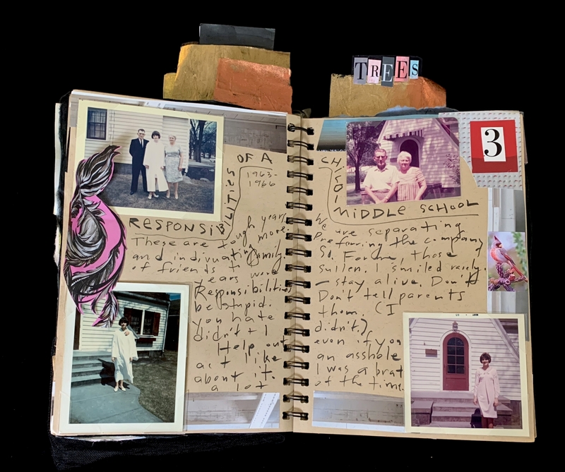 A scrapbook page featuring personal photos, handwritten notes, and decorative elements.