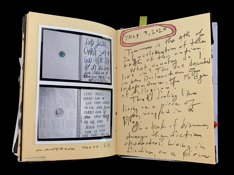A journal entry dated July 3, 2020, featuring handwritten notes and two photographs of a prayer card.