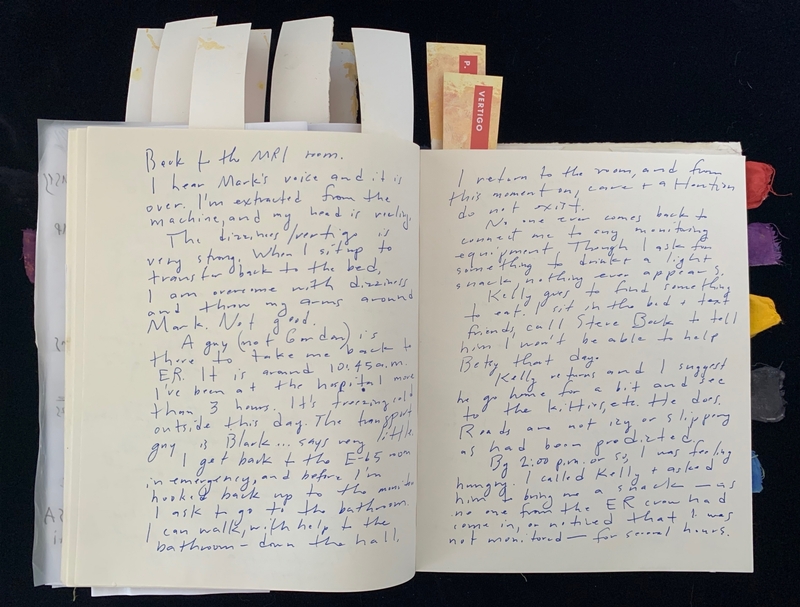 Open journal with handwritten text and ribbon bookmarks, set against a black background.