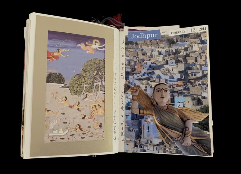 Open notebook with a miniature painting on the left and a collage of Jodhpur with a wooden statue on the right.
