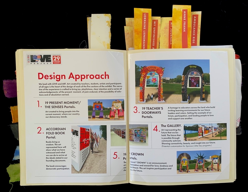 Open journal with text and images under the heading "Design Approach," featuring labeled art concepts and images.